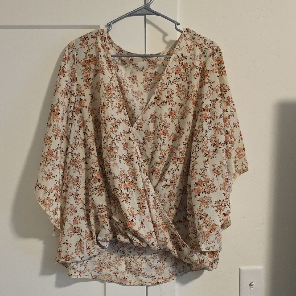 Floral Wrap Blouse - Cream with Dusty Rose Floral